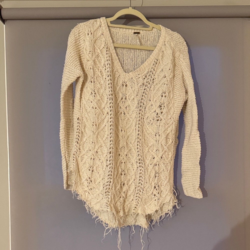 Free People Cream V-Neck Knit Sweater